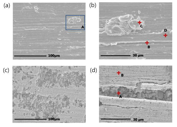 (a), (b) 산화피복관 표면, (c),(d) -0.78 V에서 양극용해 후 피복관 표면