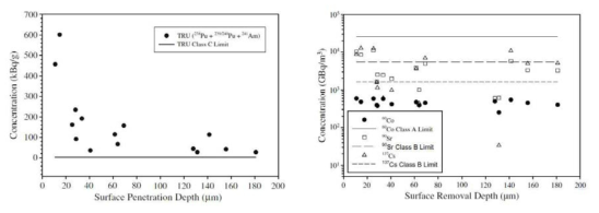 폐 피복관 내의 TRU 및 핵분열생성물 농도