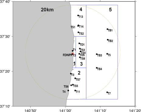 후쿠시마 원자력 발전소 인근 20km 내측의 구획 분할도와 관측자료 위치