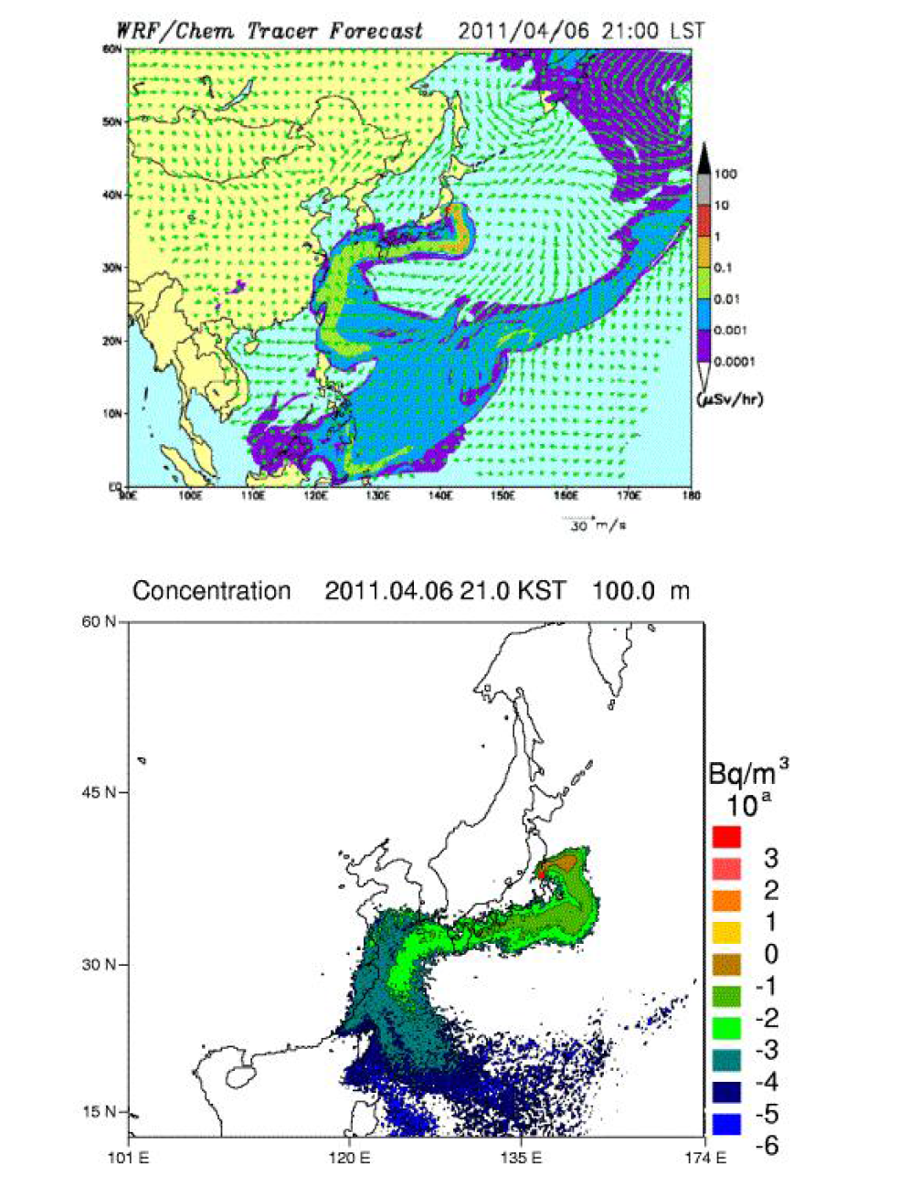 Huh [3-4-10]와 LADAS-Regional에 의해 산정된 아시아지역내 방사성물질 확산도