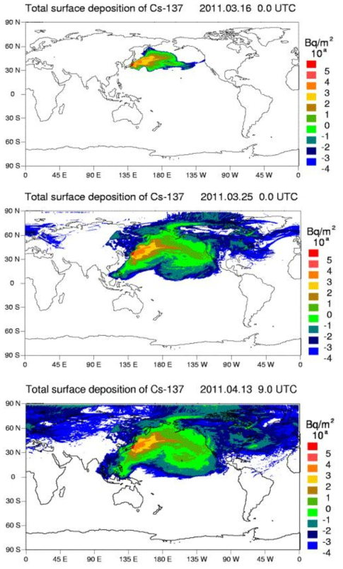Cs-137에 의한 전 지구 지표면 오염 예측도