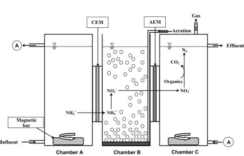 IEBR 공정의 구성 및 유기물 및 질소성분 제거 기작. Chamber A = 혐기조, Chamber B = 호기조, Chamber C = 탈질조, CEM = 양이온교환막, AEM = 음이온교환막.