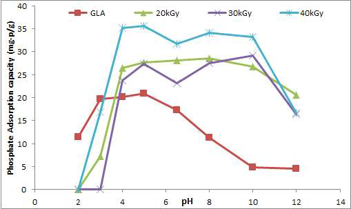 다양한 beads의 phosphate adsorption capacity (mg-p/g).