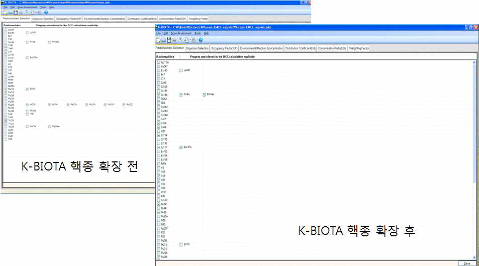핵종 추가 전 후의 K-BIOTA 핵종선택 화면