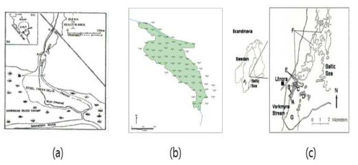 습지 시나리오 대상 부지 (a) Steel Creek, (b) Duke Swamp, (c)Utnora Swamp