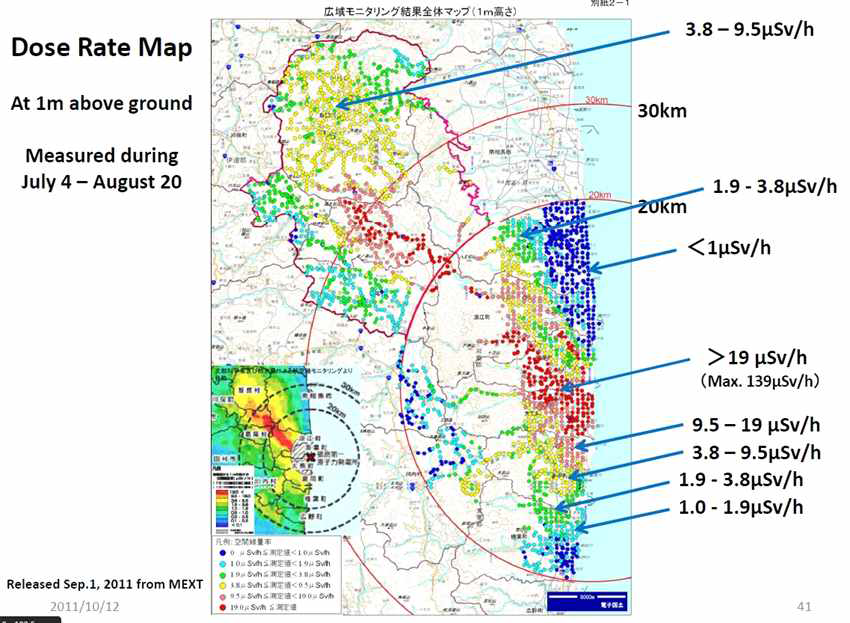 후쿠시마 원전사고 후 측정된 원전 주변의 선량률 범위