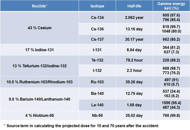 원전사고시 방출되는 주요 감마방출 핵분열생성물