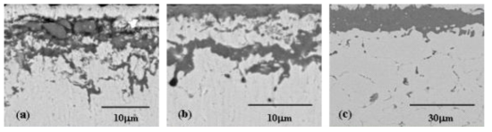 Cross-sectional SEM images of Inconel 600 (a) 650℃, (b) 750℃, and (c) 850℃ corroded for 72 h.