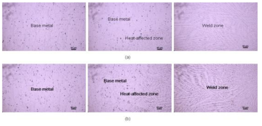 Cross-sectional SEM microstructures of weldment after etching of welded Inconel 625 specimen: (a) not post-heat treatment, (b) post-heat treatment.