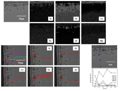 Mn, line profile analysis and point quantitative analysis of H214 corroded at 650℃ for 72 h.