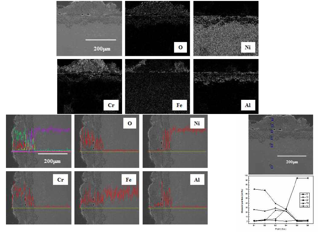 Cross-sectional SEM image and maps of O, Ni, Cr, Fe and Al, line profile analysis and point quantitative analysis of H214 corroded at 650℃ for 7 thermal cycles.