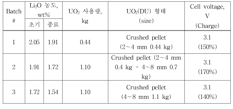 전해환원 실증장치 운전 조건