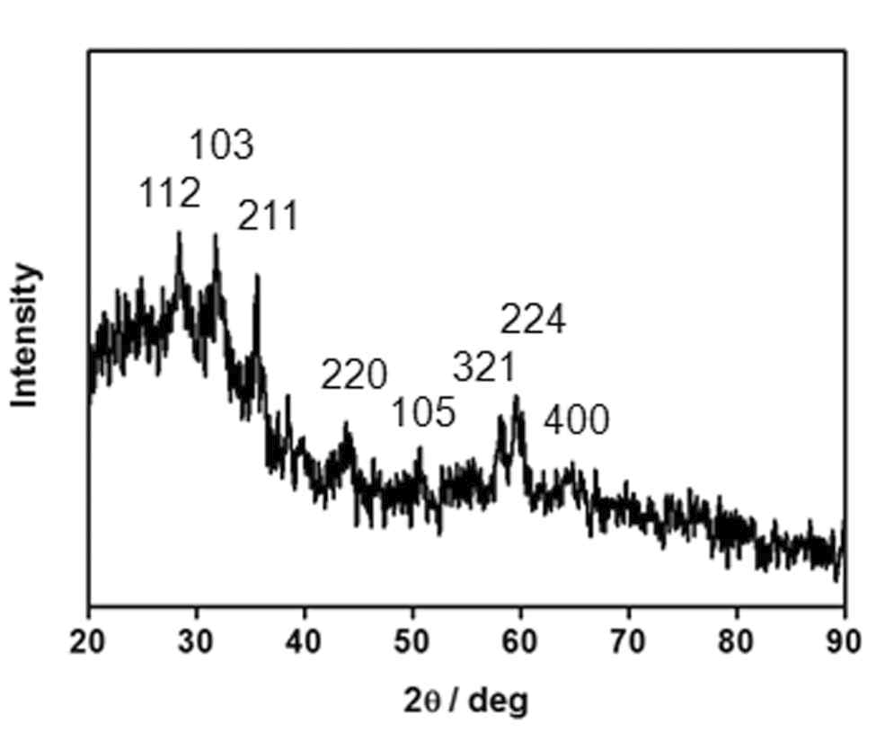 Mn3O4 나노 입자의 XRD 분석 결과: 패턴은 JCPDS file no. 80-0382 표준시료와 잘 부합함