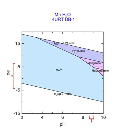 KURT DB-1 시추공에서 PHREEQC를 이 용하여 계산한 Mn의 화학종 계산 결과