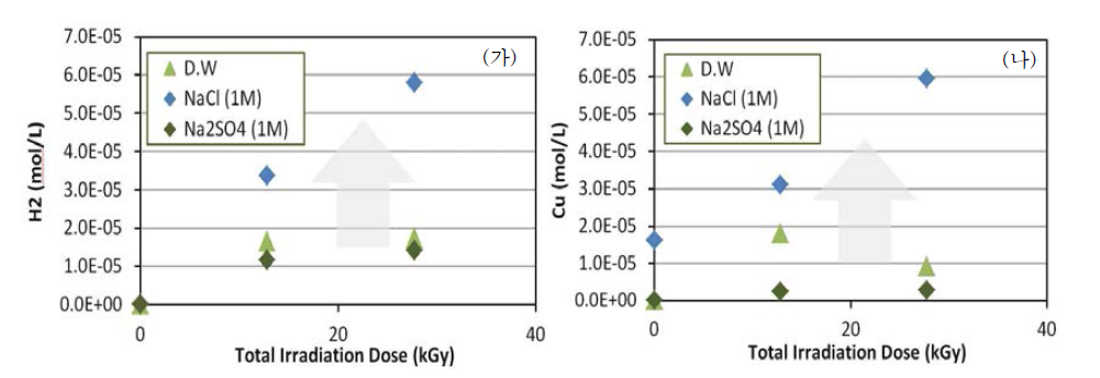 방사선 조사에 의한 구리시편을 담은 수용액 종류별 (가) 수소가스 발생과 (나) 구리이온 용출