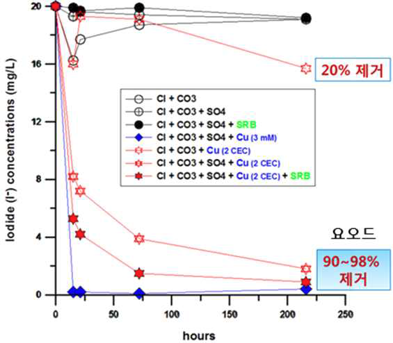 Cu-함유 벤토나이트의 최대 요오드 제거율 및 특성 곡선