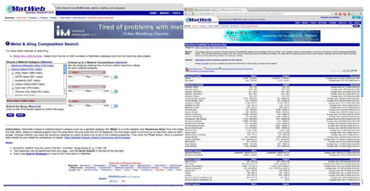 MatWeb 웹사이트의 초기화면 및 물성정보 예시