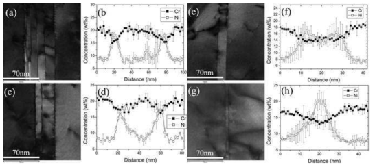 다양한 크기의 쌍정 계면에 대한 이미지 및 쌍정 주위에서의 Cr, Ni 조성 변화