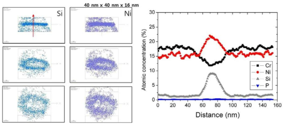 400 °C 이온조사재의 도넛 형태의 클러스터의 3D-APT Si 조성 맵과 화학조성 분석 결과