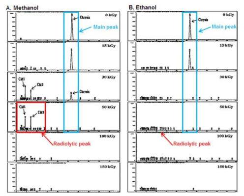 HPLC Chromatogram of irradiated Chrysin (1 mg/mL) solubilized in ethanol and methanol.