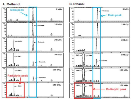 HPLC Chromatogram of irradiated Genistein (5 mg/mL) solubilized in ethanol and methanol