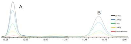 감마선 조사된 삼겹살의 2-dDCB(A)와 2-tDCB(B) GC-MS 분석 크로마토그램