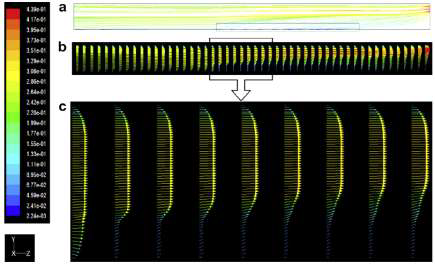 Velocity vector and streamlines for large bypass (a) streamlines, (b) velocity vector, (c) partially enlarged view of the velocity vectors.