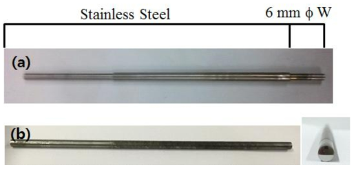 Rotating disk electrodes. (a) W electrode extended with stainelss steel and (b) W electrode and polished electrode surface