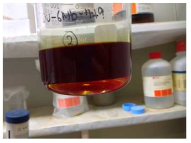 Chemical stripping of lanthanides from organic phase (upper) into aquesous (lower) phase