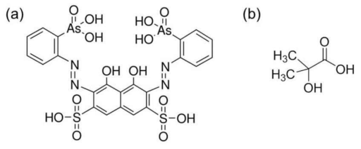 Structures of Arsenanzo III (a) and α-hydroxyisobutyric acid.