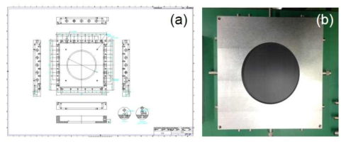 반응영역 120×120 mm2의 2차원 중성자 검출용 MWPC 챔버의 설계도면(a)과 제작된 MWPC용 챔버(b)