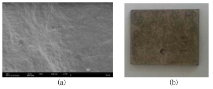 (a) SEM image of Inconel 600 surface (X 500) after dissolution test and (b) photograph of Inconel 600 specimen.