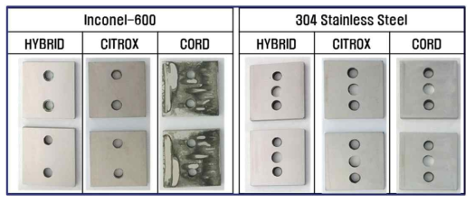 Surface appearance of Inconel-600 and 304 SS crevice-corroded in HYBRID, CITROX and CORD decontamination solution.