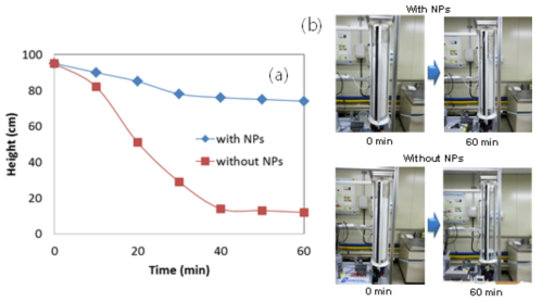 (a) Foam volume and (b)　image of foam volume in 1% EM 100 at pH 2 with and without silica NPs.