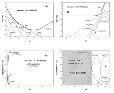 용액 pH에 따른 Fe, Si의 용해도 및 종분석 결과
