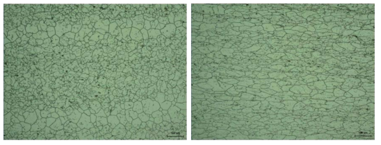 Optical micrograph of as-received (left) and 40% cold-rolled Alloy 690 (right) after strain relieving thermal treatment at 720℃ for 1h.