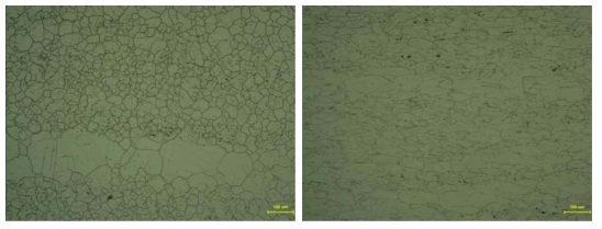 Optical micrograph of as-received (left) and 40% cold-rolled Alloy 690 (right)after strain relieving thermal treatment at 500℃ for 10h.