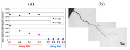 (a) Maximum crack depth of STUB and C-ring specimens made of Alloy 600 and Alloy 690, (b) ATEM image of transgranular stress corrosion crack of Alloy 690 exposed to Pb contaminated environment.