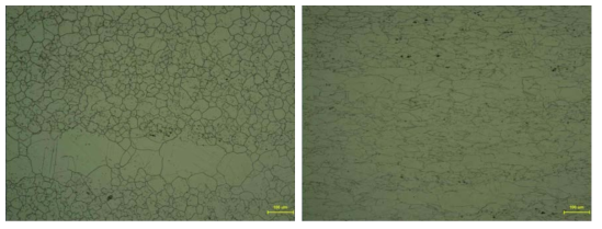 Optical micrograph of as-received (left) and 40% cold-rolled Alloy 690 (right) after strain relieving thermal treatment at 500℃ for 10h.