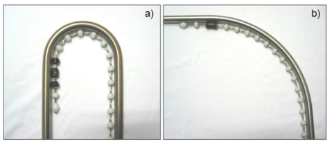 Photographs of prototype eddy current probes manufactured for the inspection of (a) low row u-tubes and (b) high row u-tubes.