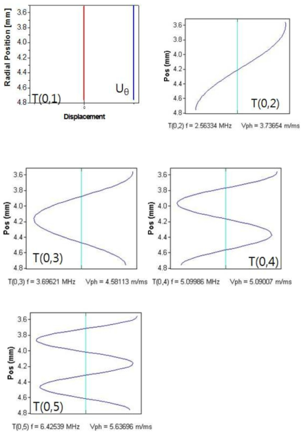 Wave structures (displacement vectors) of torsioanl vibration mode F(m, n) for a carbon steel pipe d = 9.5 mm, t = 1.24 mm.