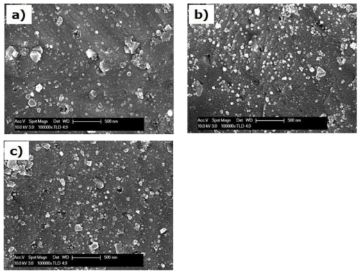 SEM morphologies of the oxide film formed on Alloy 690 immersed in different hydrogen concentrations: (a) 35 cc(STP)/kg, (b) 65 cc(STP)/kg, (c) 100 cc(STP)/kg.