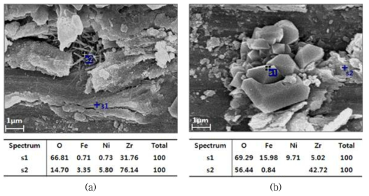 Corrosion products and their chemical composition formed at a dissolved hydrogen concentration of (a) 25 cc/kg and (b) 35 cc/kg.