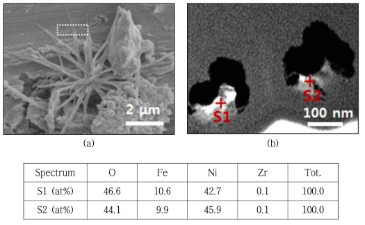 STEM-EDS point analysis on the needle-like structure formed at a dissolved hydrogen concentration of 5 cc/kg: (a) SEM image before FIB machining and (b) STEM image with the chemical composition.