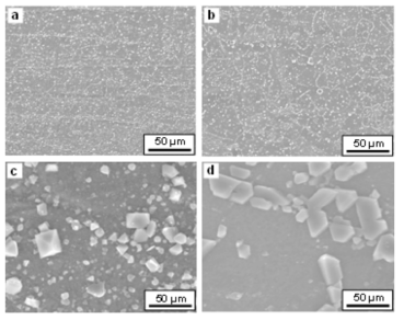 SEM surface images of the oxidized surface on Alloy 690TT: (a,c) the as-recieved and (b,d) the electropolished specimens after corrosion test.