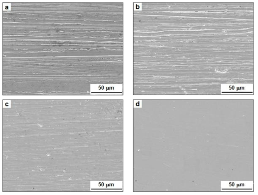 Surface morphologies of the specimens: (a) ground up to #220 grit, (b) ground up to #400, (c) ground up to #1,000 grit, and (d) polished with 0.3 ㎛ alumina.