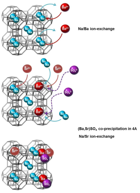 Conceptual diagram of synthesis mechanism of BaA and Sr removal mechanisms by Na/Sr ion-exchange reaction and formation of (Ba,Sr)SO4 co-precipitates in 4A micropores.