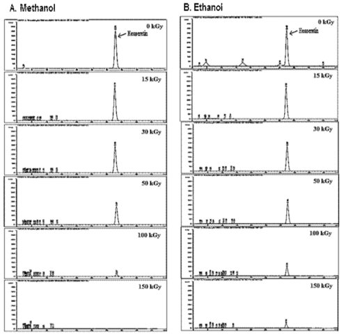 HPLC Chromatogram of irradiated Hesperetin (1 mg/mL) solubilized in ethanol and methanol.