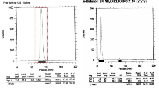 Hyaluronic acid (HA)-tyramine(Tm) conjugate의 I-125 표지 ITLC 분석, (a) free I-125, (b) I-125 표지 hyaluronic acid (HA)-tyramine(Tm) conjugate