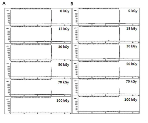 Gradient mode HPLC Chromatogram of irradiated Baicalein (1 mg/mL) solubilized in (A) ethanol (B) methanol.